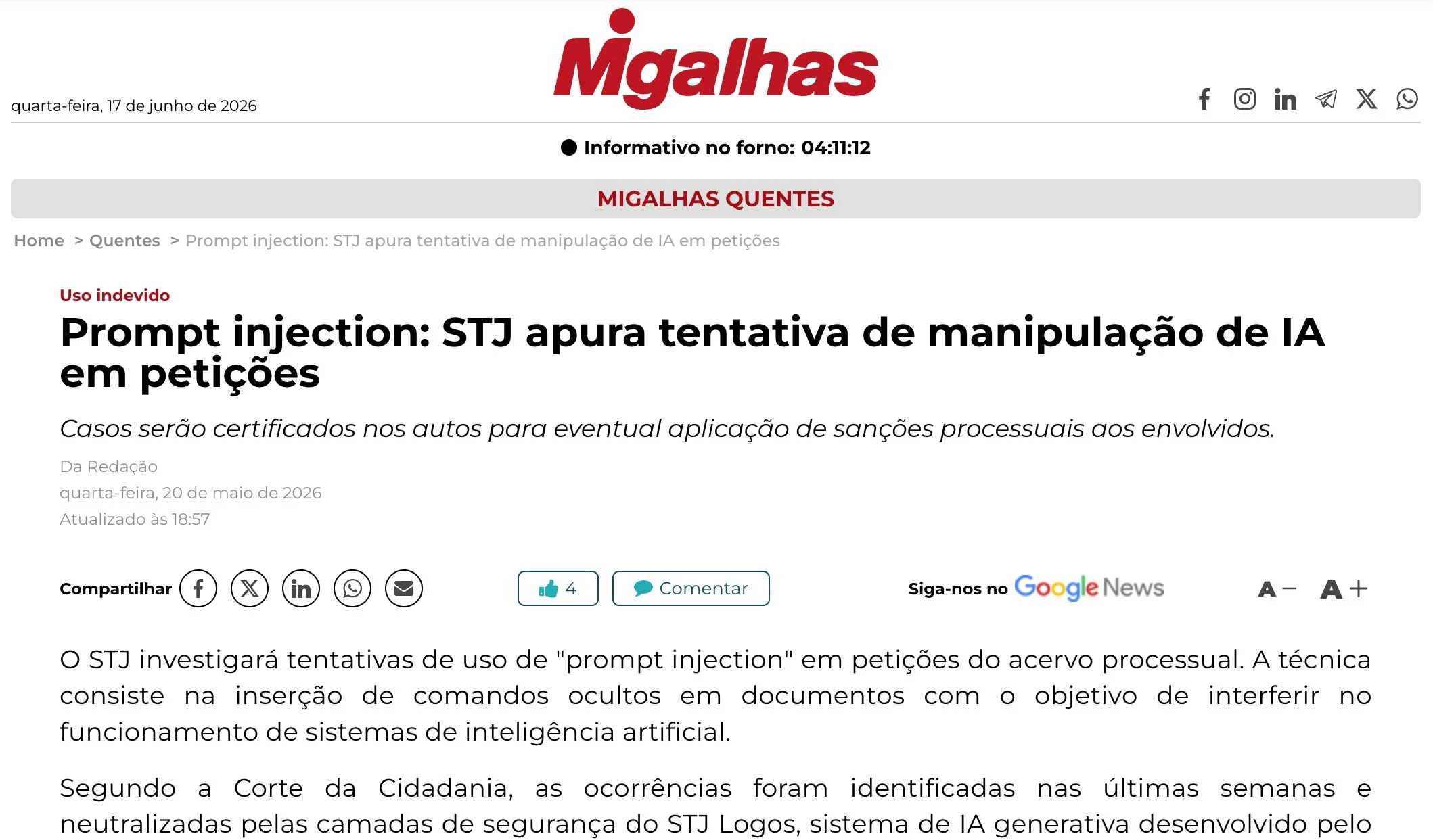 Migalhas: "Prompt injection: STJ apura tentativa de manipulação de IA em petições"